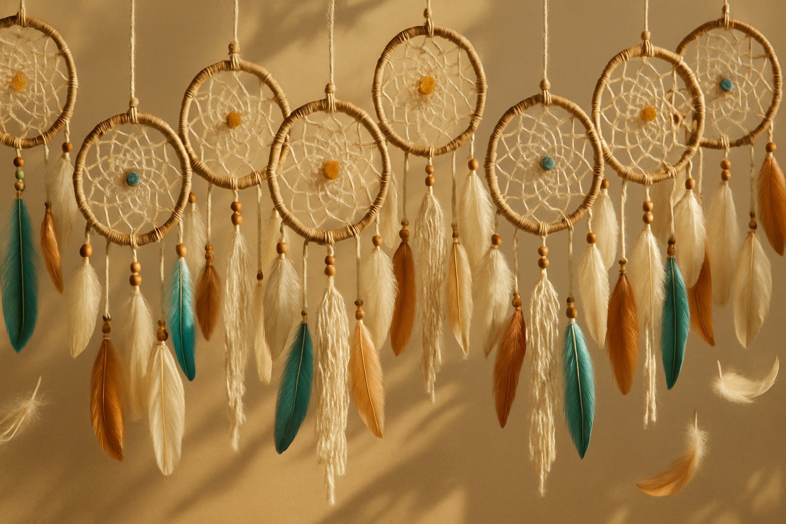 Attrape-rêves artisanaux en macramé avec plumes et perles naturelles suspendus