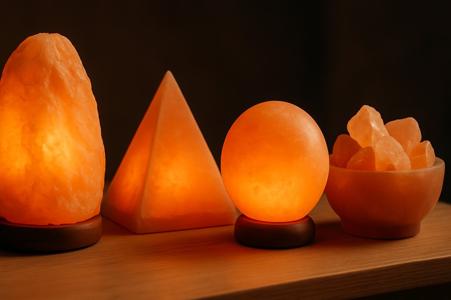 Lampes en cristal de sel de l'Himalaya rose orangé sur base bois