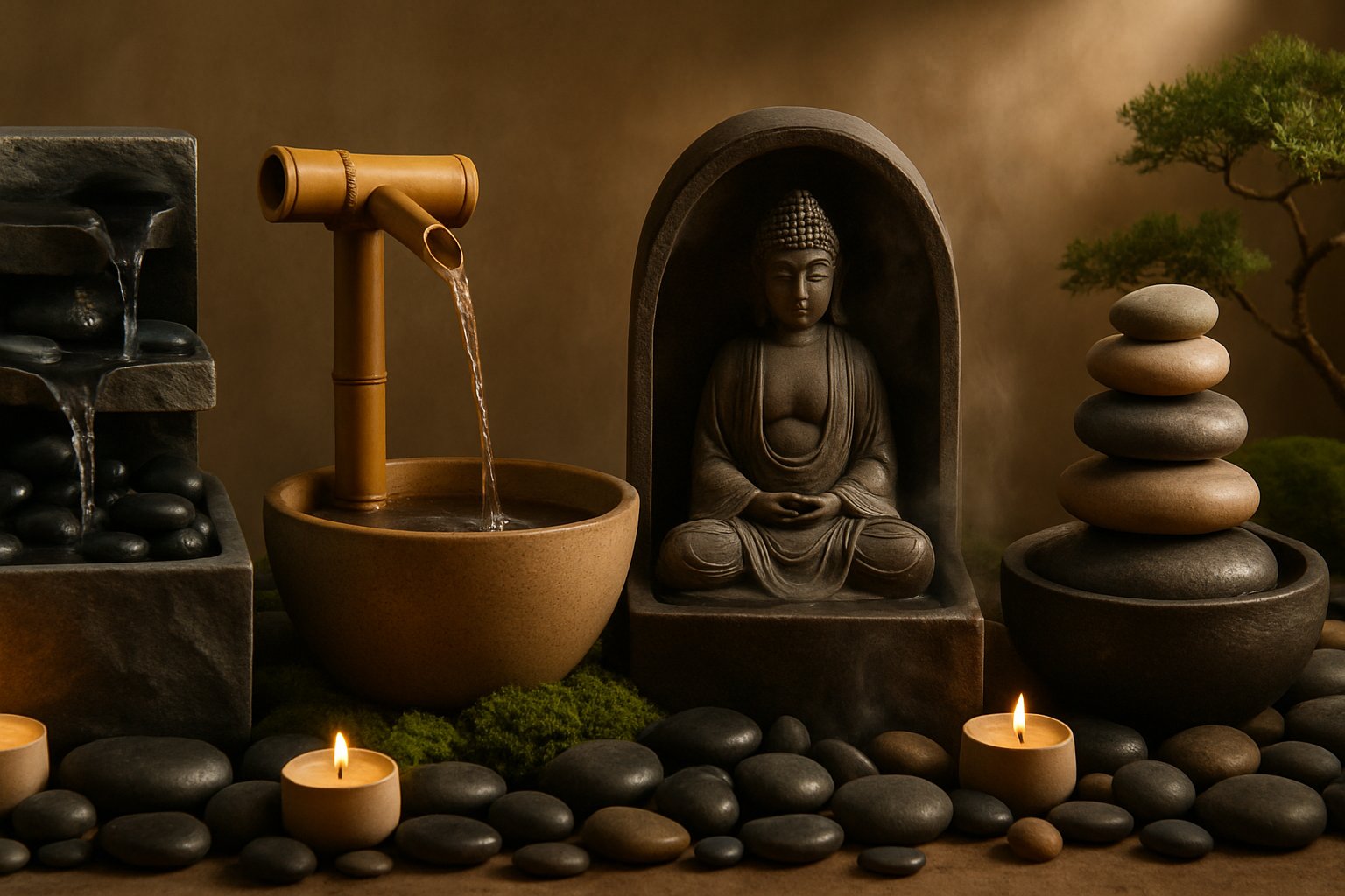 Fontaines d'intérieur zen avec eau ruisselant sur galets et bambou