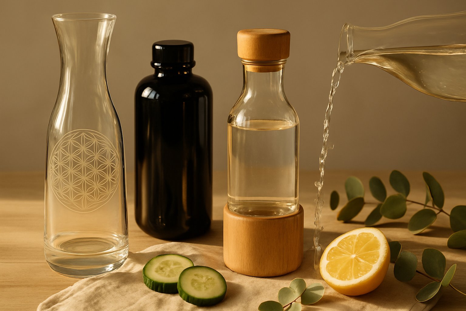 Carafes filtrantes et bouteilles en verre pour eau vitalisée et dynamisée