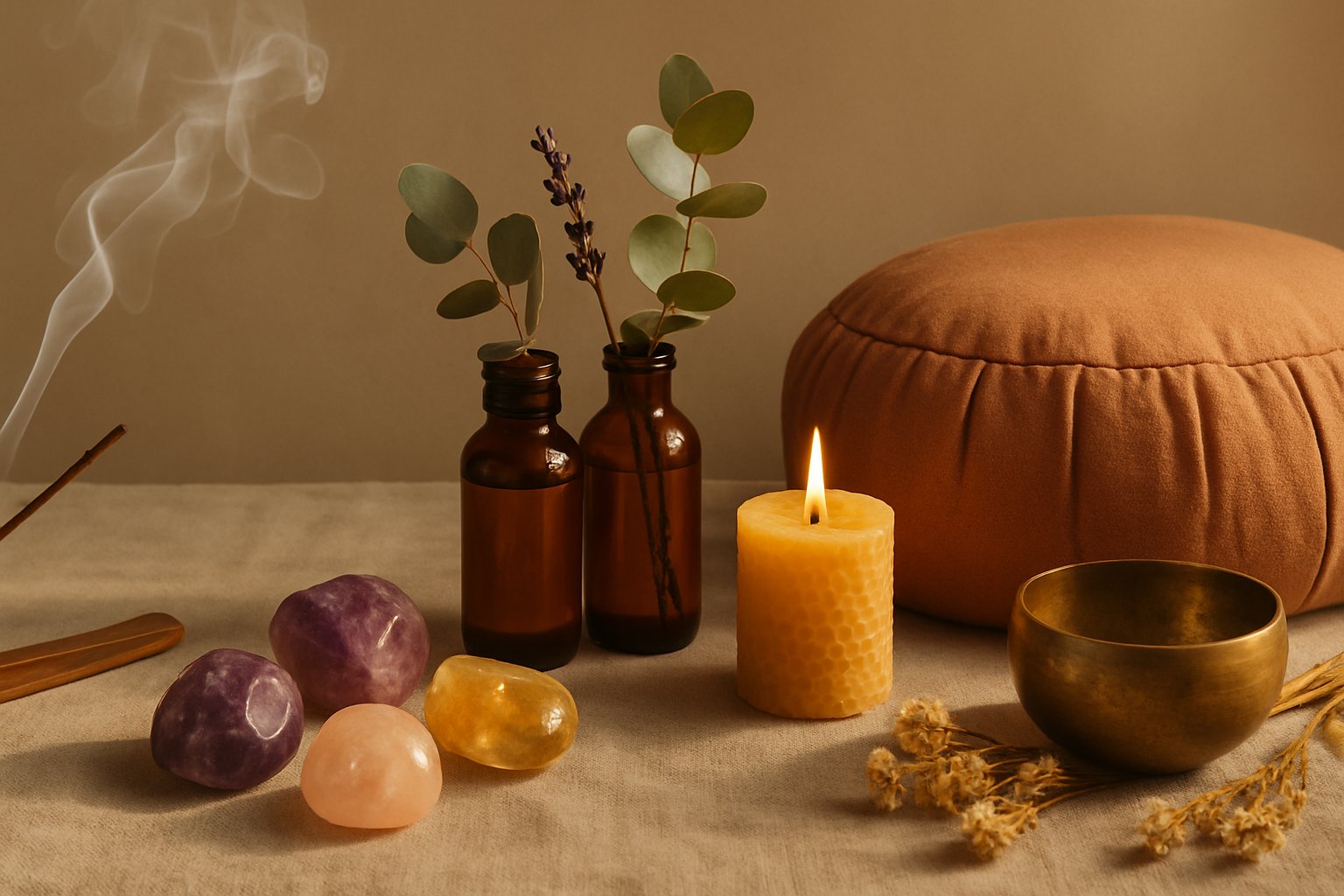 Encens, cristaux de lithothérapie, huiles essentielles et accessoires de méditation pour le bien-être