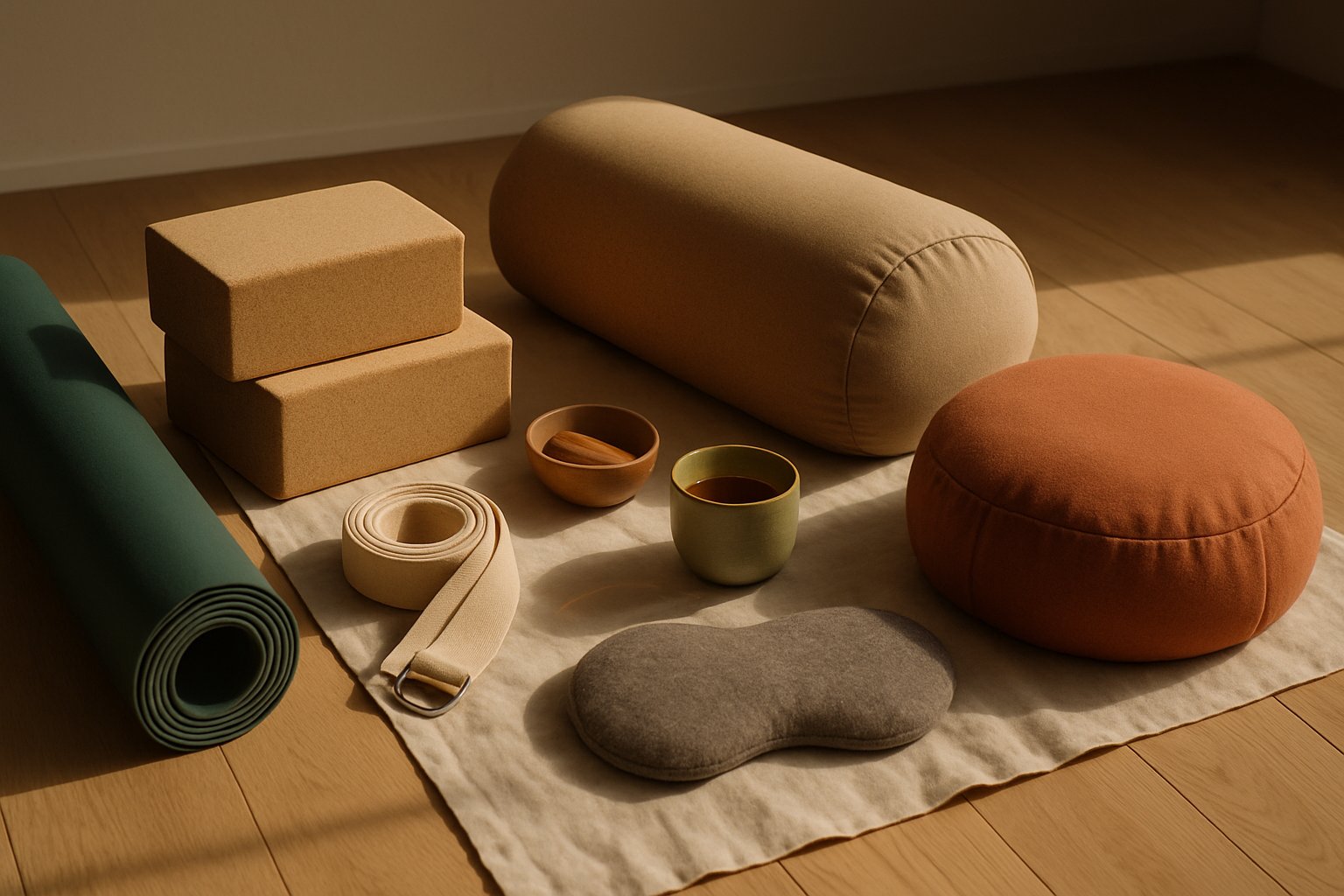 Tapis de yoga, blocs en liège, bolsters et accessoires de pratique posturale