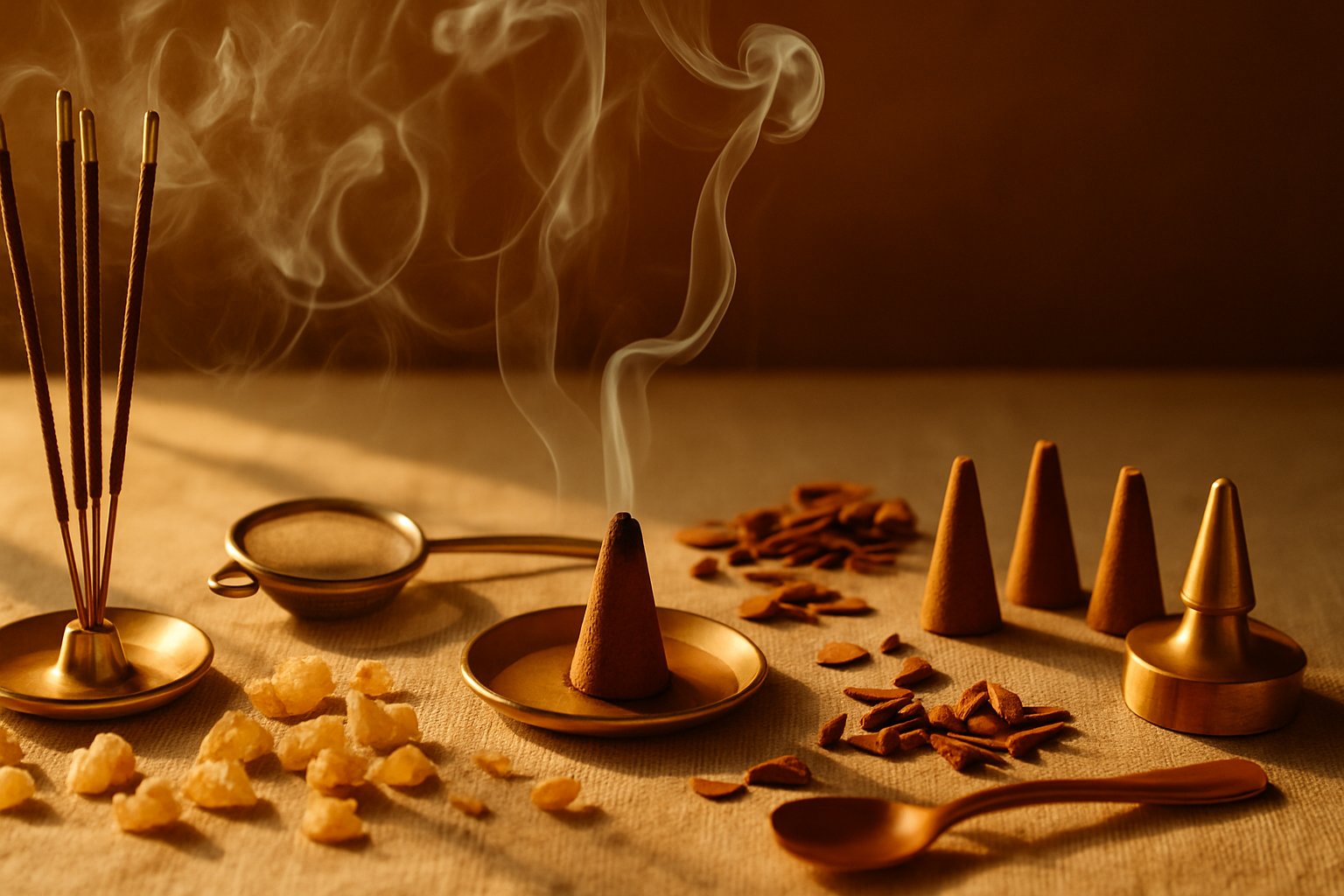 Bâtonnets d'encens naturel fumants et résines aromatiques en composition éditoriale