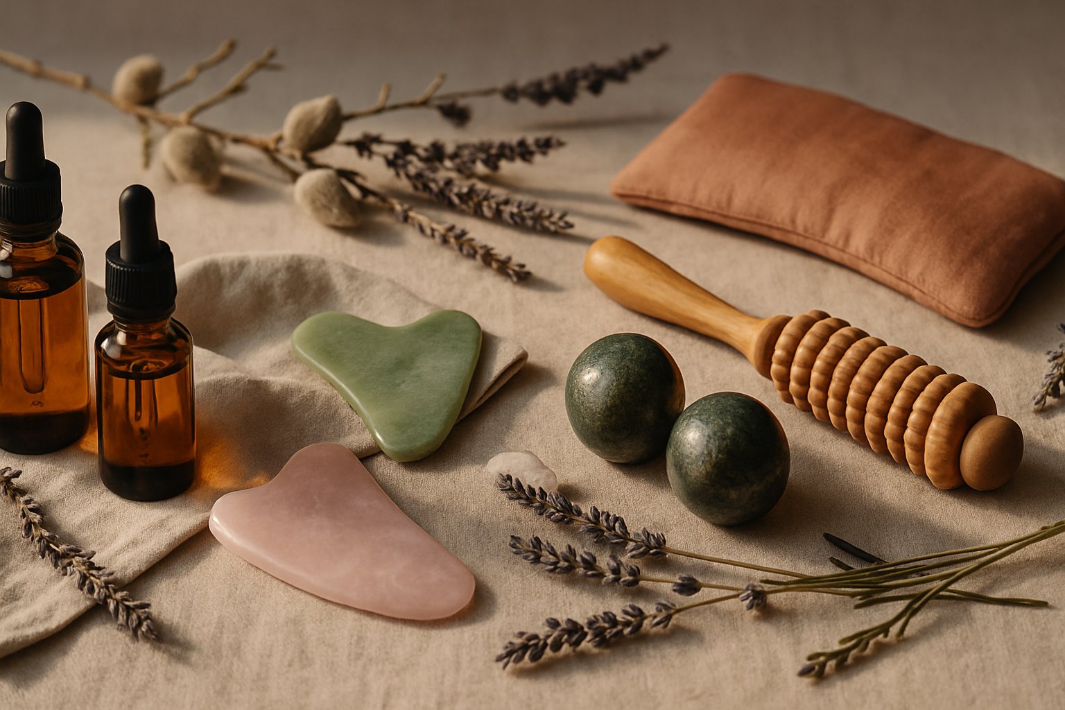 Huiles de massage, gua sha en jade et boules Qi Gong pour bien-être
