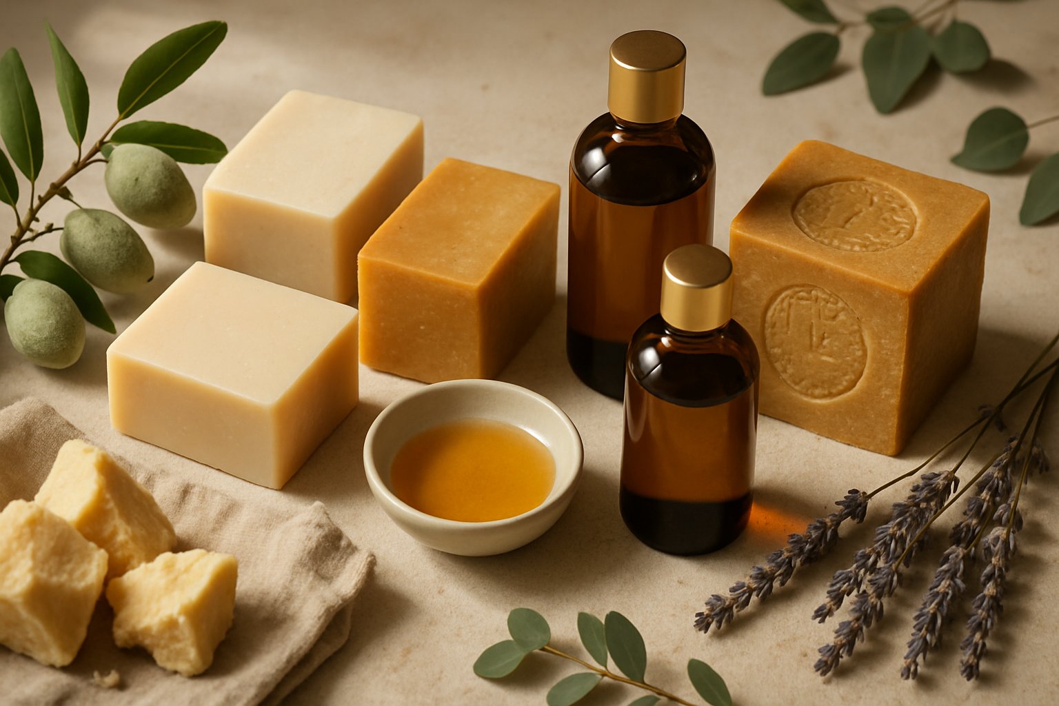 Savons artisanaux d'Alep et huiles bio pour soins du corps naturels