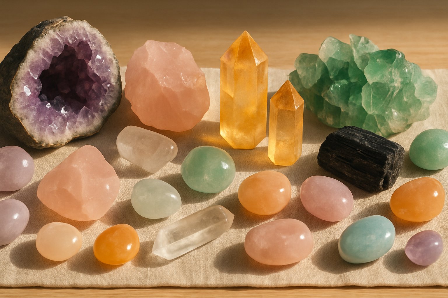 Cristaux et pierres naturelles polies de lithothérapie en composition éditoriale