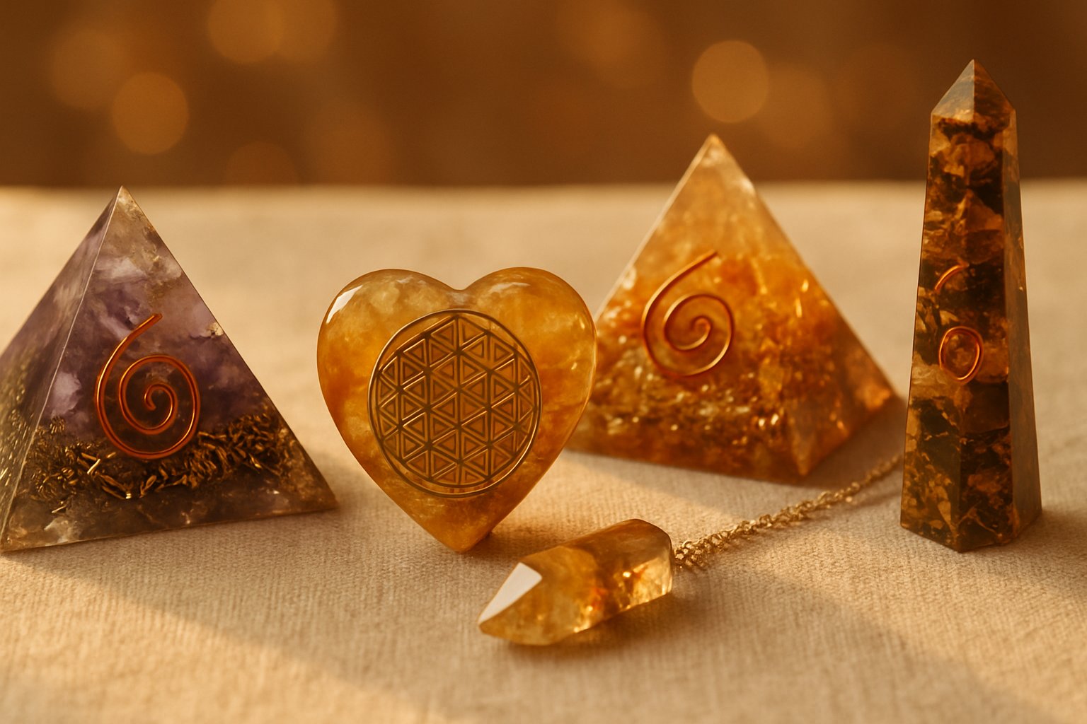 Pyramides et pendentifs orgonite résine cristal et métal protection énergétique