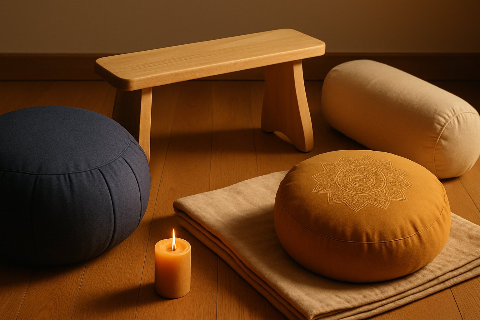 Zafu, bancs de méditation shoggi en bois et bolsters de yoga en coton bio