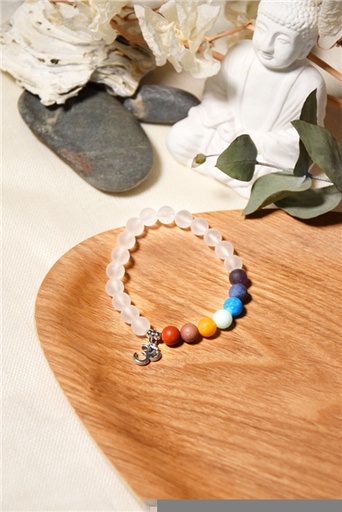 [3660341693964] Bracelet 7 Chakras Cristal de Roche Perles rondes 8 mm Breloque Om