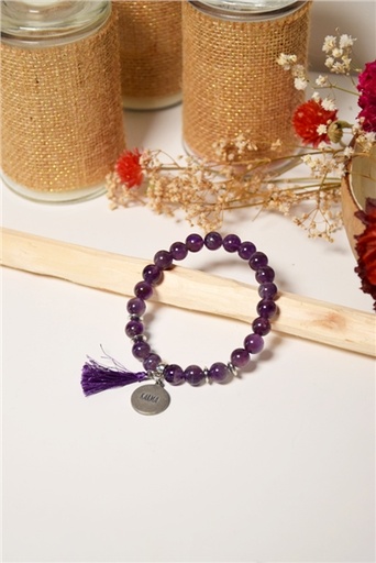 [3660341699126] Bracelet Améthyste Perles rondes 8 mm Pompon Breloque Karma