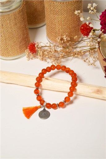 [3660341699140] Bracelet Cornaline Perles rondes 8 mm Pompon Breloque Zen