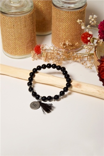 [3660341699157] Bracelet Obsidienne Noire Perles rondes 8 mm Pompon Breloque Peace