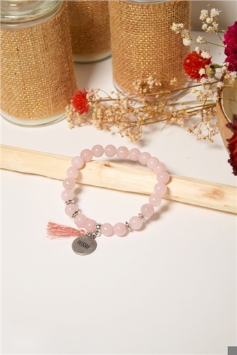 [3660341699188] Bracelet Quartz Rose Perles rondes 8 mm Pompon Breloque Passion