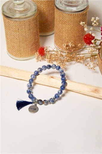 [3660341699195] Bracelet Sodalite Perles rondes 8 mm Pompon Breloque Gratitude
