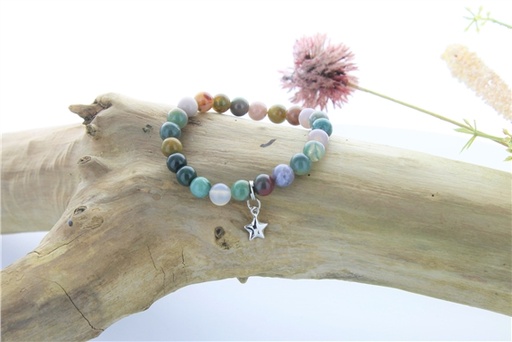 [3660341700112] Bracelet Agate Multicolore Perles rondes 8 mm et Breloque étoile