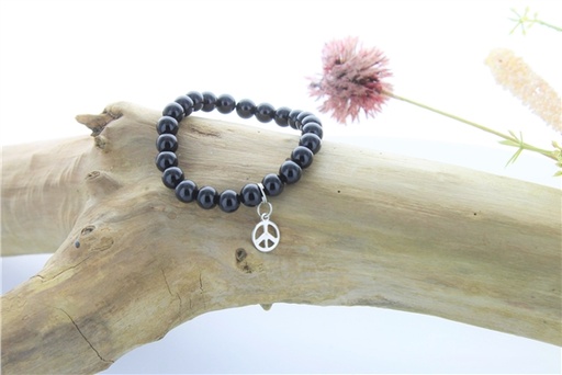 [3660341700129] Bracelet Onyx Perles rondes 8 mm et Breloque paix