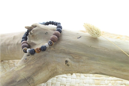 [3660341700235] Bracelet Pierre de lave, Bois, Oeil de Tigre, Hématite Perles rondes