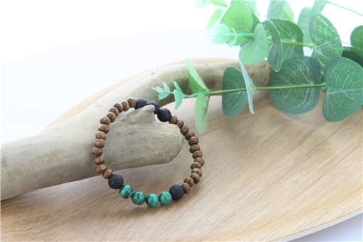 [3660341700266] Bracelet Bois, Malachite et Pierre de lave Perles rondes 8 mm