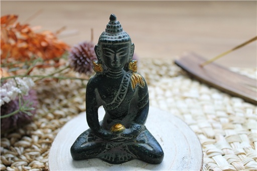 [3660341704257] Statuette Bouddha Dhyana Mudra en Laiton vert antique 7,5 cm