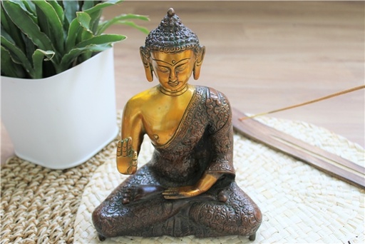 [3660341704264] Statuette Bouddha Abhaya Mudra en Laiton orange antique 20 cm
