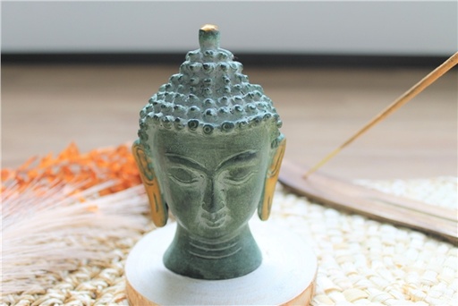 [3660341704271] Statuette Tête de Bouddha en Laiton vert antique 11.5 cm