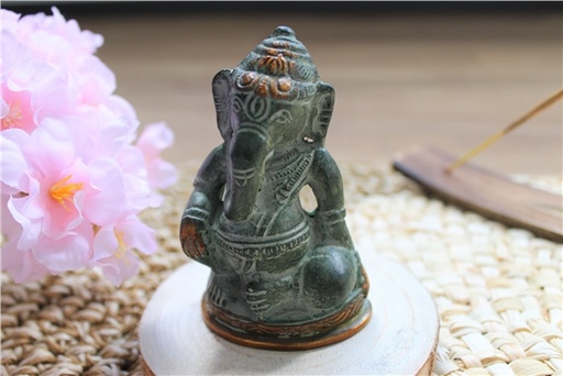 [3660341704448] Statuette Ganesh assis en Laiton vert antique 8.2 cm