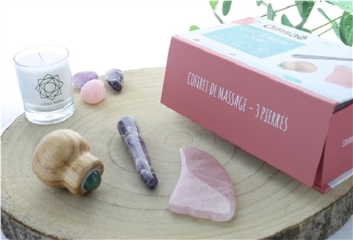 [3660341711156] Coffret massage corps en Quartz rose, Améthyste et Aventurine verte