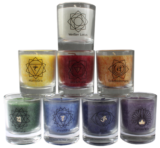 [4041678006969] Ensemble de 8 petites bougies - 7 chakras et Lotus Blanc