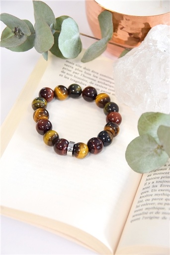 [3660341714188] Bracelet Oeil de Tigre de Taureau et de Faucon Perles rondes 12 mm