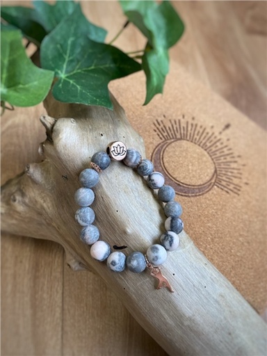 [3660341715321] Bracelet Jaspe Rose Zébré Perles rondes 10 mm Breloque Yoga Arbre