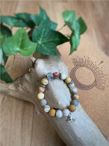 [3660341715369] Bracelet Agate Crazy Lace Perles rondes 10 mm Breloque Yoga Lotus