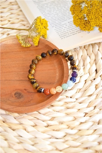 [3660341713594] Bracelet 7 Chakras Oeil de tigre Perles rondes 8 mm
