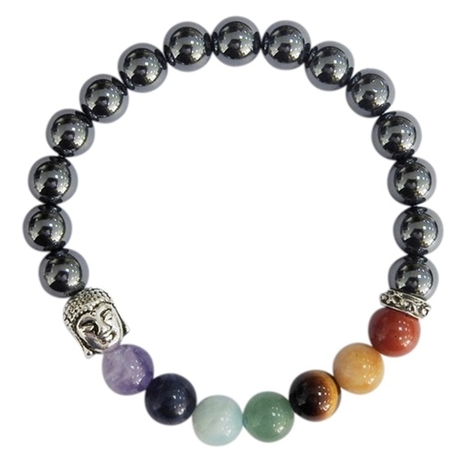 [3660341679807] Bracelet 7 Chakras Hématite Perles rondes 8 mm Bouddha