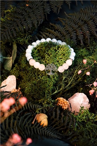 [3660341719930] Bracelet Perles rondes 8 mm Quartz Rose et Aigue-Marine Charm Arbre de vie