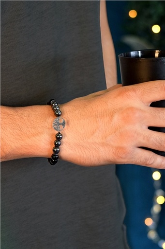 [3660341719978] Bracelet Perles rondes 8 mm Hématite et Onyx Charm Arbre de vie