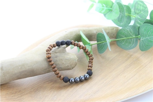 [3660341700297] Bracelet Bois, Hématite et Pierre de lave Perles rondes 8 mm