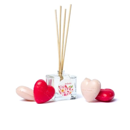 [3760076659492] Coffret Enleaia diffuseur roseau + 4 savons coeur Fruits Rouges & Jasmin -- ±310g