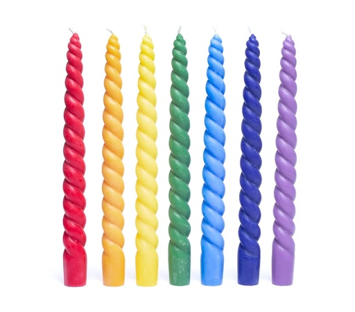 [8720512977516] Bougies de dîner torsadées Chakra non parfumées lot de 7 | 23cm