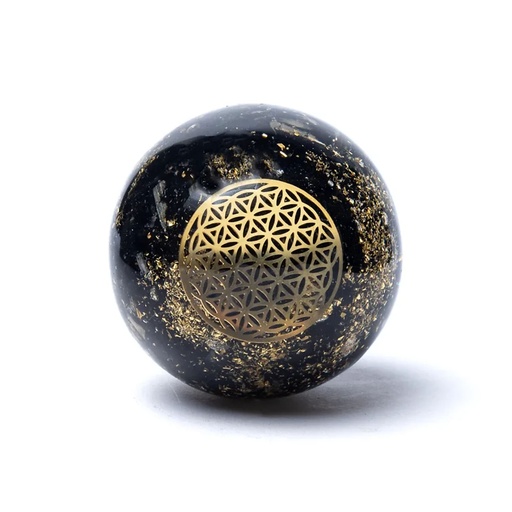 [8719172831610] Orgonite sphère tourmaline fleur de Vie | ±5.5cm