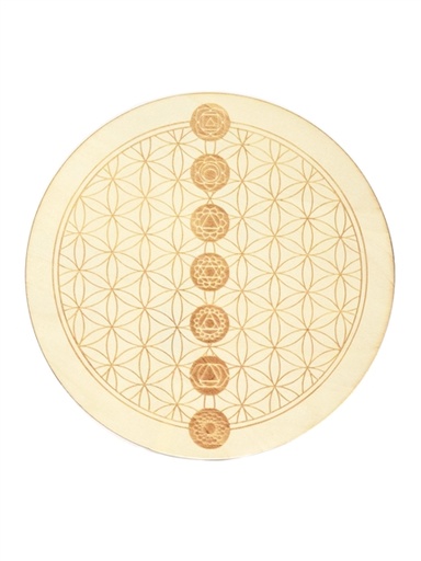 [3660341739273] Socle de rechargement en bois Fleur de Vie et Chakras gravés 20 cm