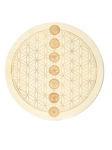 [3660341739280] Socle de rechargement en bois Fleur de Vie et Chakras gravés 30 cm