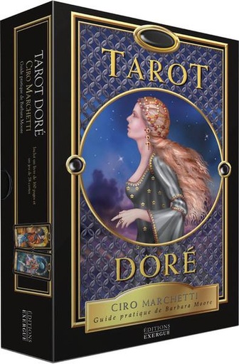 Couverture du livre Tarot Doré - Guide pratique, avec 78 cartes et 1 sac en satin de Barbara Moore