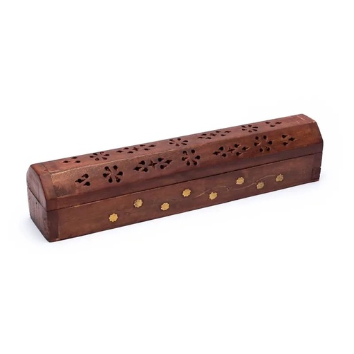 [8718657461014] Boîte brûle encens en bois sculpté fleurs | 30 cm