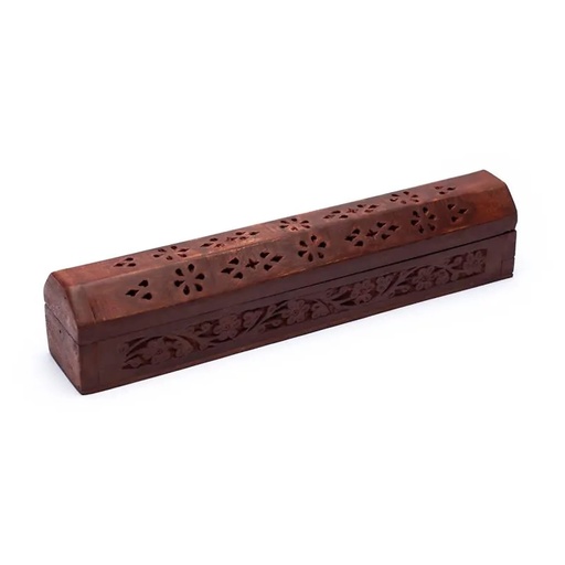 [8718657461052] Boîte brûle encens en bois sculpté fleurs | 30 cm