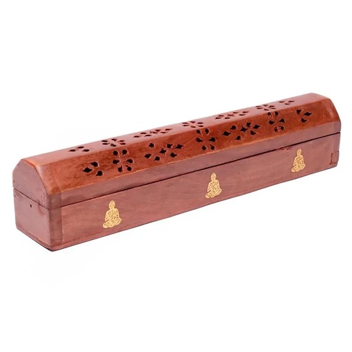 [8718657461083] Boîte brûle encens en bois avec Bouddha en métal | 30 cm