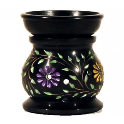 [8718657462974] Brûle-parfum - Fleurs - en pierre à savon noire | 10x8 cm