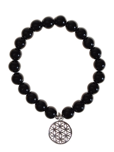 [3660341749791] Bracelet Obsidienne noire perles rondes 8 mm et breloque Fleur de vie