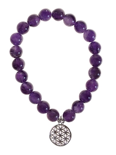 [3660341749807] Bracelet Améthyste perles rondes 8 mm et breloque Fleur de vie
