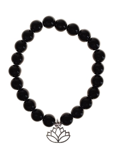 [3660341749852] Bracelet Obsidienne noire perles rondes 8 mm et breloque Lotus