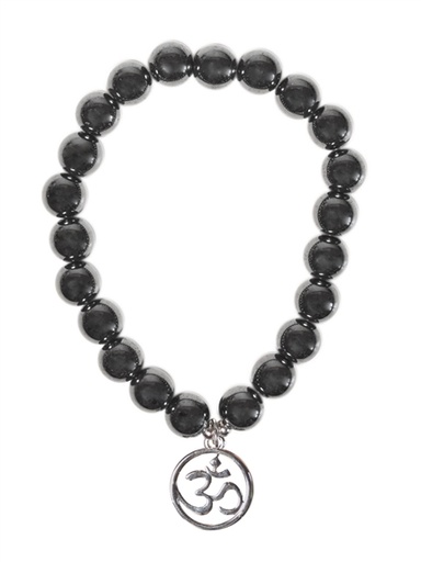 [3660341749999] Bracelet Hématite perles rondes 8 mm et breloque Om